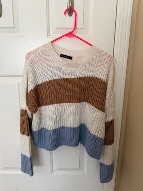 Striped Knit Crewneck Sweater - Cream, Brown & Blue
